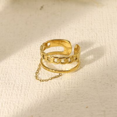 Double line ring with braid and dangling chain