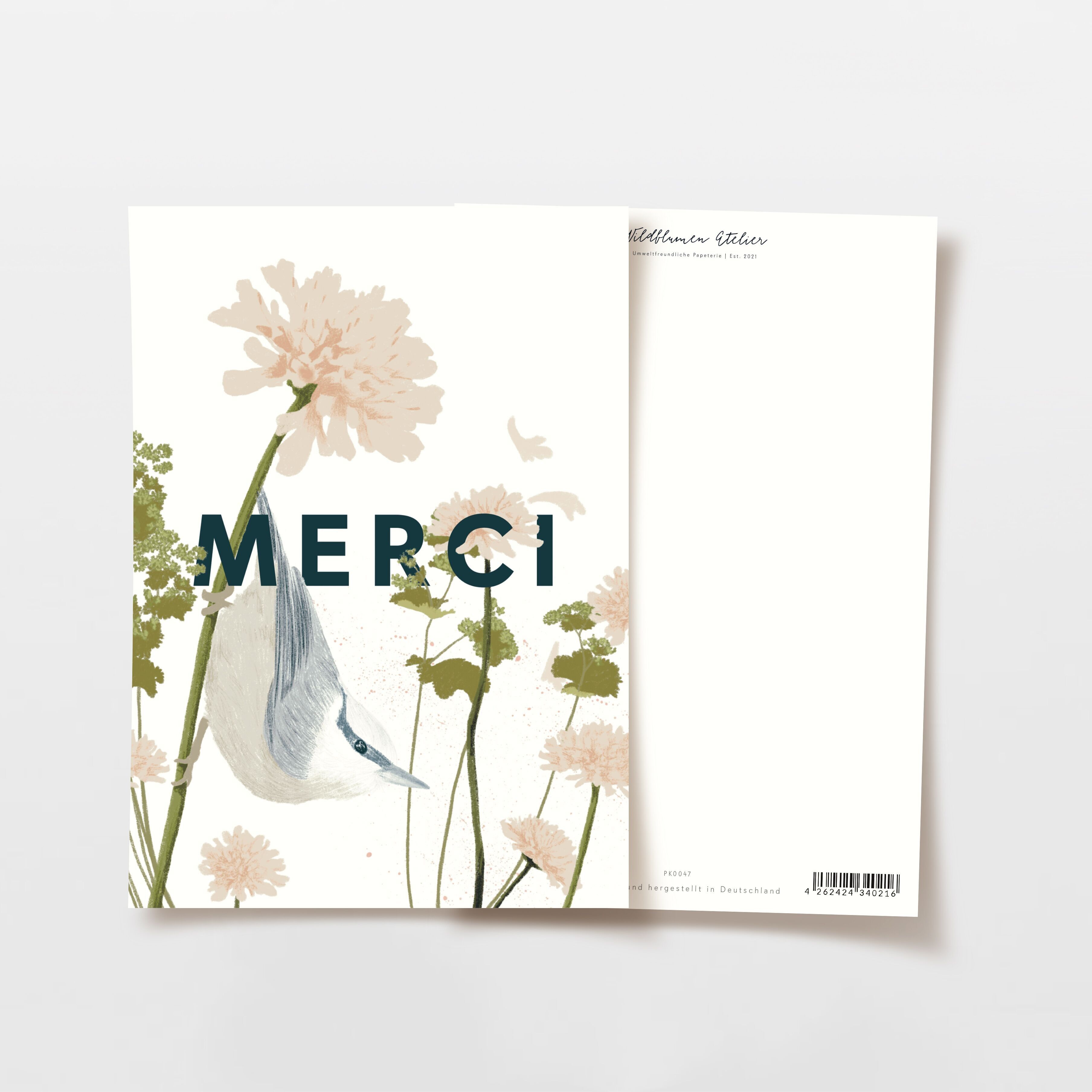 Biglietto di ringraziamento con fiori rosa e un uccellino, merci