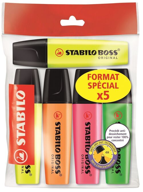 Surligneurs - Ecopack x 5 STABILO BOSS ORIGINAL "FORMAT SPECIAL X5" - 2 jaune + 1 vert + 1 rose + 1 orange