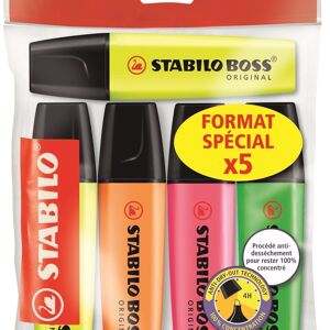 Surligneurs - Ecopack x 5 STABILO BOSS ORIGINAL "FORMAT SPECIAL X5" - 2 jaune + 1 vert + 1 rose + 1 orange