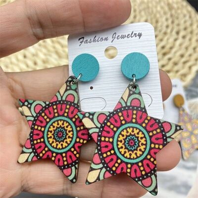 Vintage Colourful Pentagram Wooden Earrings