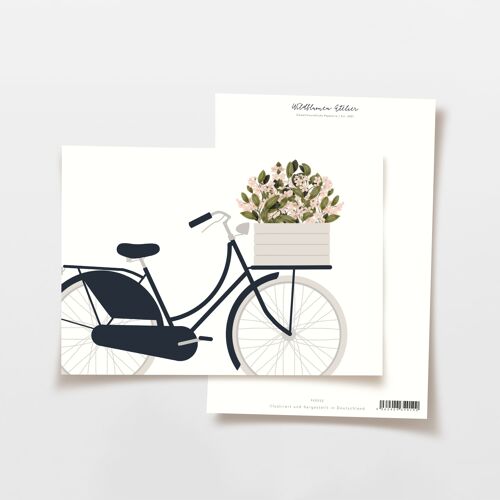 Postkarte Fahrrad navy mit rosa Blumen, FSC zertifiziert