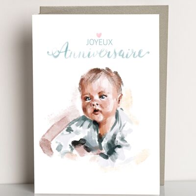 baby Happy Birthday greeting card watercolor style card
