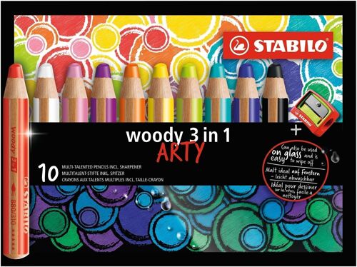 Crayons multi-talents - Etui carton x 10 STABILO woody 3 in 1 ARTY + 1 taille-crayon