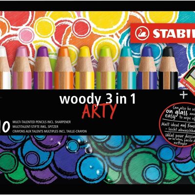 Multitalent-Bleistifte – Kartonetui x 10 STABILO woody 3 in 1 ARTY + 1 Bleistiftspitzer