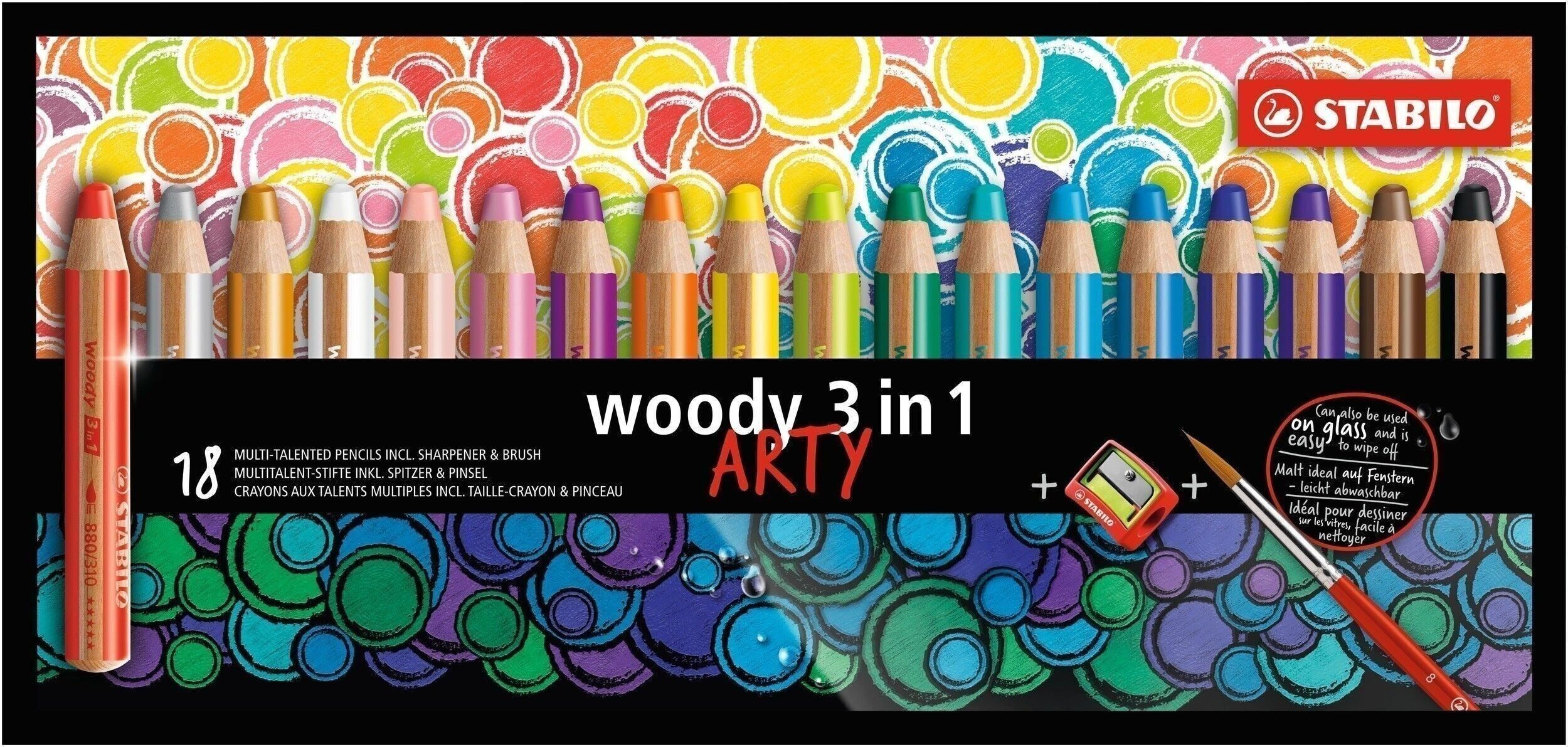 Astuccio in cartone x 18 matite multi-talento STABILO woody 3 in 1 ARTY + 1 pennello tondo misura 8 + 1 temperamatite
