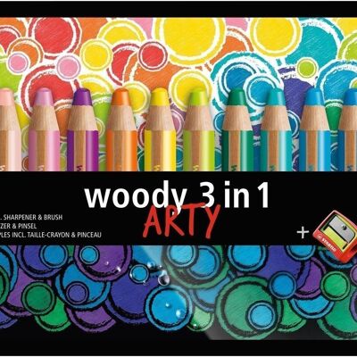 Crayons multi-talents - Etui carton x 18 STABILO woody 3 in 1 ARTY + 1 pinceau rond taille 8 + 1 taille-crayon