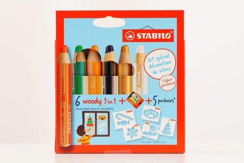 Crayons multi-talents - Etui carton x 6 STABILO woody 3 in 1 spécial décoration de vitres + 1 taille-crayon + 5 pochoirs - rouge + vert foncé + orange clair + noir + or + blanc