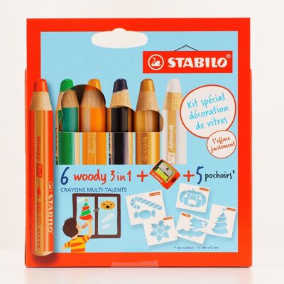 Crayons multi-talents - Etui carton x 6 STABILO woody 3 in 1 spécial décoration de vitres + 1 taille-crayon + 5 pochoirs - rouge + vert foncé + orange clair + noir + or + blanc