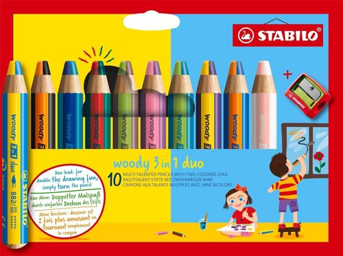 Crayons multi-talents - Etui carton x 10 STABILO woody 3 in 1 duo + 1 taille-crayon