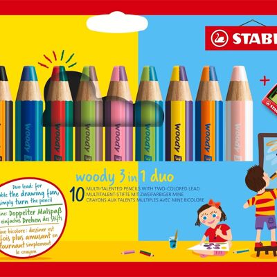 Multi-talented pencils - Cardboard case x 10 STABILO woody 3 in 1 duo + 1 pencil sharpener