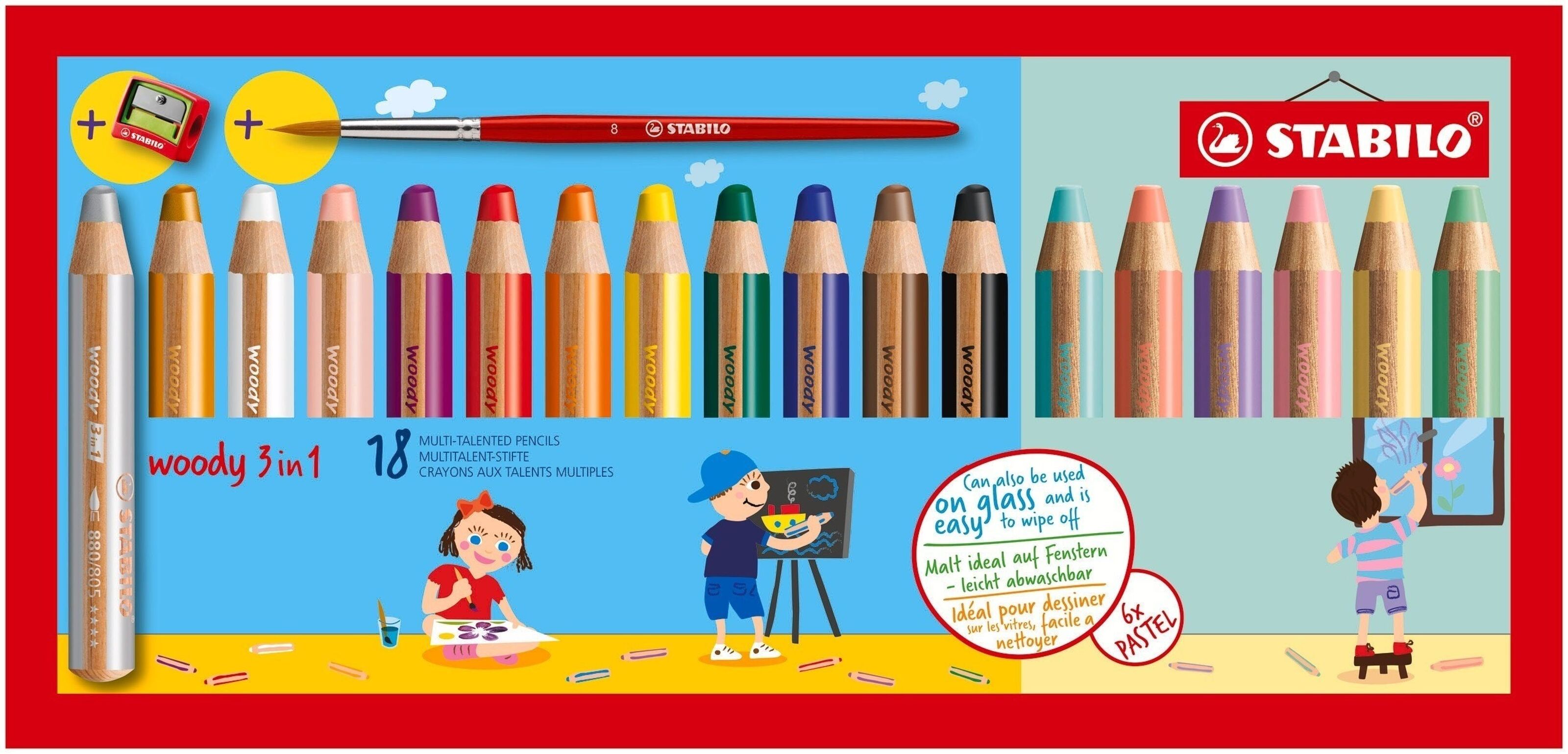 Stabilo Woody 3-in-1 Crayons de Couleur Lot de 6 + taille-crayon