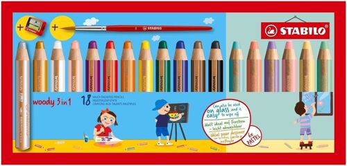 Crayons multi-talents - Etui carton x 18 STABILO woody 3 in 1 + 1 pinceau rond taille 8 + 1 taille-crayon - coloris assortis dont 6 pastel