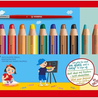 Multitalent-Stifte – Kartonetui x 18 STABILO woody 3 in 1 + 1 Rundpinsel Größe 8 + 1 Bleistiftspitzer – verschiedene Farben, darunter 6 Pastellfarben