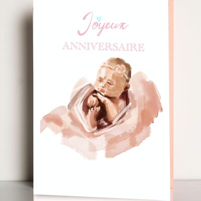 Tarjeta de felicitación de feliz cumpleaños para bebé, tarjeta estilo acuarela