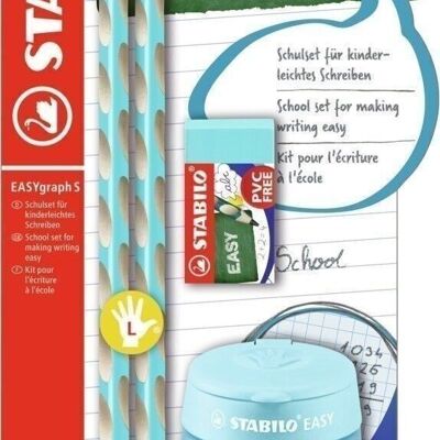 Graphite pencils - Schoolset x 2 STABILO EASYgraph S HB left-handed + 1 EASYsharpener pencil sharpener + 1 eraser - sky blue