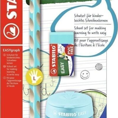 Graphitstift – Schulset x 1 STABILO EASYgraph HB für Linkshänder + 1 Bleistiftspitzer EASYsharpener + 1 Radiergummi – himmelblau