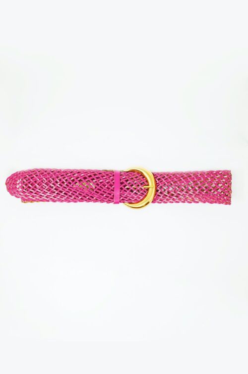 Wide faux leather braided belt with gold buckle in pink