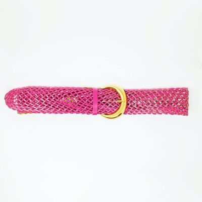 Cinturón ancho trenzado de piel sintética con hebilla dorada en rosa