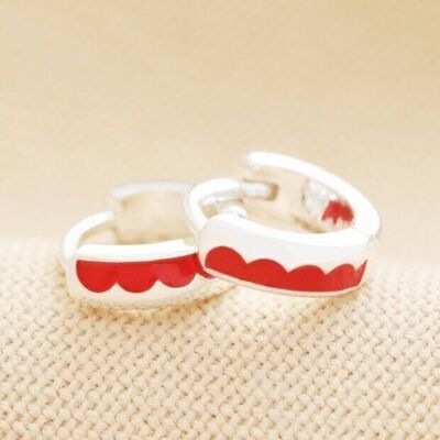 Red Enamel Scalloped Huggie Hoop Earrings in Silver