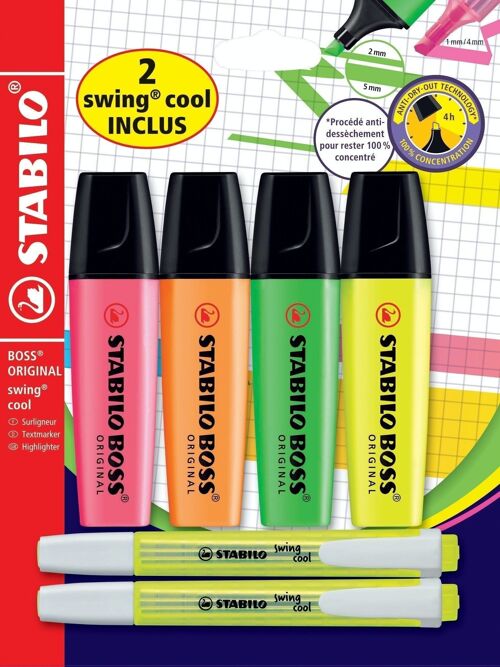 Surligneurs - Blister x 4 STABILO BOSS ORIGINAL + 2 STABILO swing cool jaunes "2 SWING COOL INCLUS" - rose + orange + vert + jaune