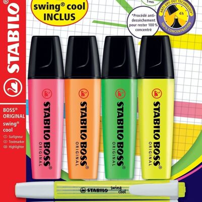 Surligneurs - Blister x 4 STABILO BOSS ORIGINAL + 2 STABILO swing cool jaunes "2 SWING COOL INCLUS" - rose + orange + vert + jaune