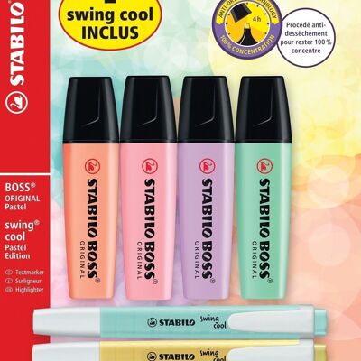 Surligneurs - Blister x 4 STABILO BOSS ORIGINAL Pastel Série 1 + 2 STABILO swing cool Pastel "2 SWING COOL INCLUS"