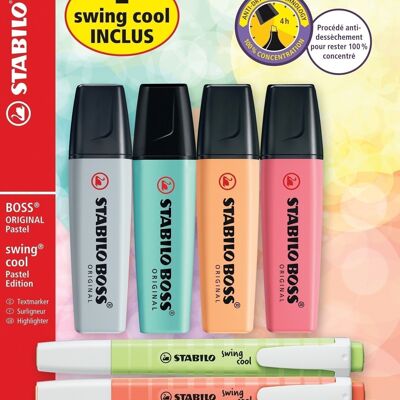 Highlighters - Blister x 4 STABILO BOSS ORIGINAL Pastel Series 2 + 2 STABILO swing cool Pastel "2 SWING COOL INCLUDED" - gray powder + touch of turquoise + apricot sorbet + rose petal + lime zest + soft coral