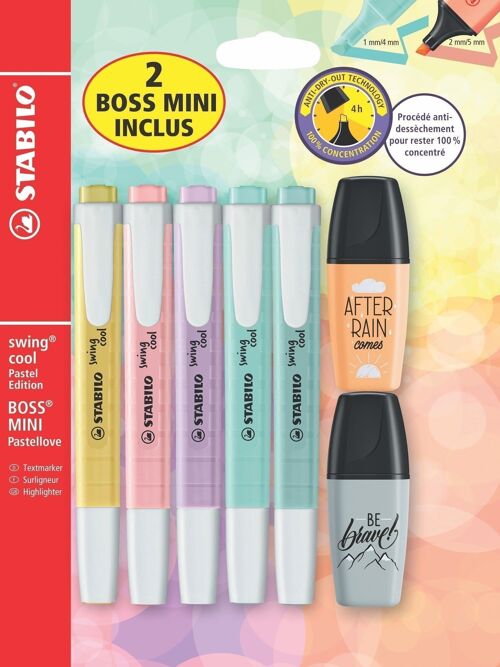 Surligneurs - Blister x 5 STABILO swing cool Pastel + 2 BOSS MINI Pastellove 2.0 "2 BOSS MINI INCLUS" - crème de jaune + soupçon de rose + brume de lilas + menthe à l'eau + touche de turquoise