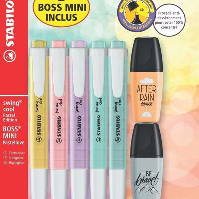 Highlighters - Blister x 5 STABILO swing cool Pastel + 2 BOSS MINI Pastellove 2.0 "2 BOSS MINI INCLUDED" - cream of yellow + hint of pink + mist of lilac + water mint + touch of turquoise