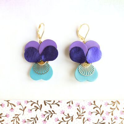 Boucles d’oreilles Pensées - bleu, mauve et violet métallisé