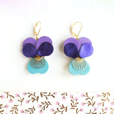 Pansies earrings - blue, mauve and metallic purple