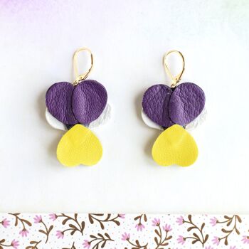 Boucles d’oreilles Pensées - violet blanc et jaune 2