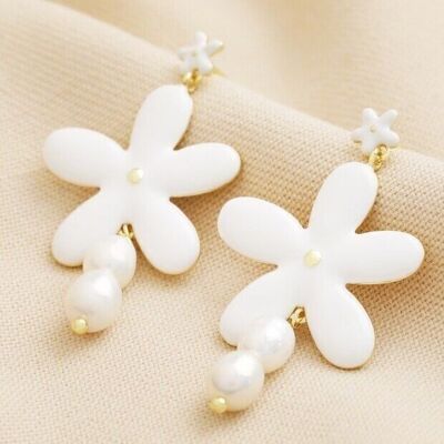 Enamel Daisy Earrings with Drop Pearls & Tiny Daisy Stud