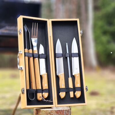 Grill BBQ Wooden Set With Carrying Storage Case