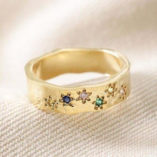 Multicoloured Crystal Daisy Band Ring in Gold