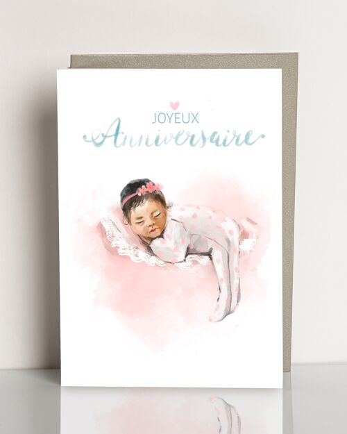 carte de vœux Joyeux Anniversaire bébé asiatique  style aquarelle