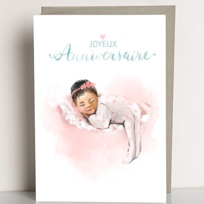 carte de vœux Joyeux Anniversaire bébé asiatique  style aquarelle
