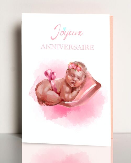 carte de vœux Joyeux Anniversaire  fille bébé style aquarelle