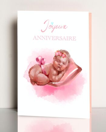 carte de vœux Joyeux Anniversaire  fille bébé style aquarelle 1