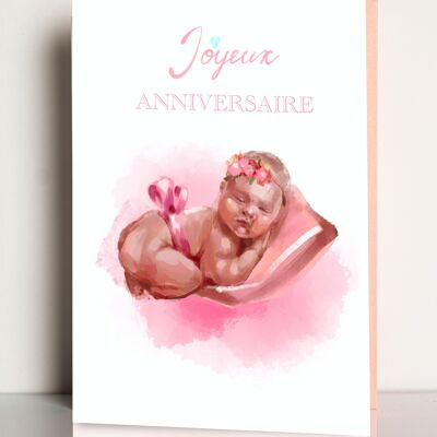 carte de vœux Joyeux Anniversaire  fille bébé style aquarelle