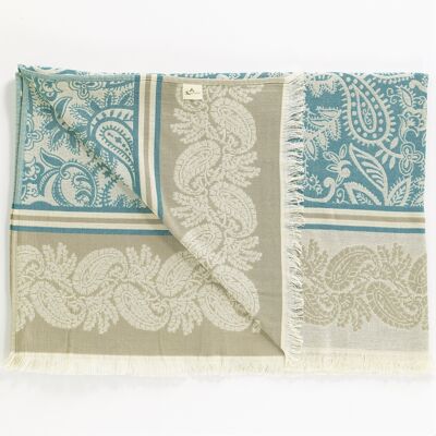 Dolce Paisley Cotton Throw | Teal and Beige | 150 x 210 cm