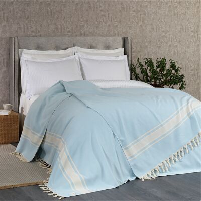 Linear Cotton Blanket | Turquoise on Natural | 190 x 260 cm