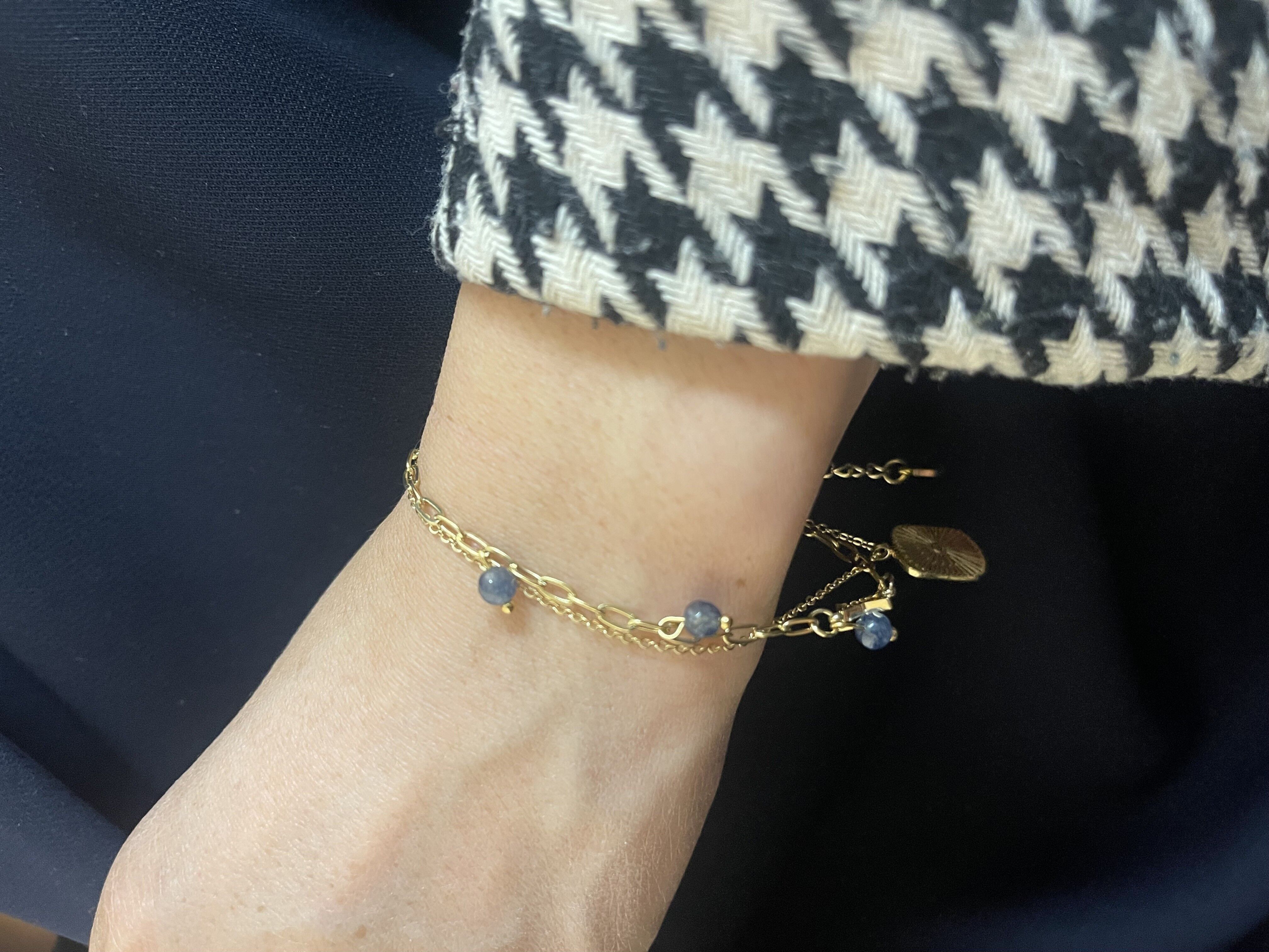 Bracciale in Acciaio Doppia Catena Regolabile Perline Pietre Naturali Estate