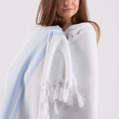 Serviette de bain Elite en coton Hammam, double face, bleu sur blanc