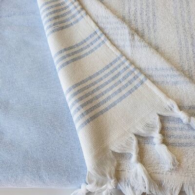 Serviette de bain hammam en coton Meridien, double face, bleu sur blanc
