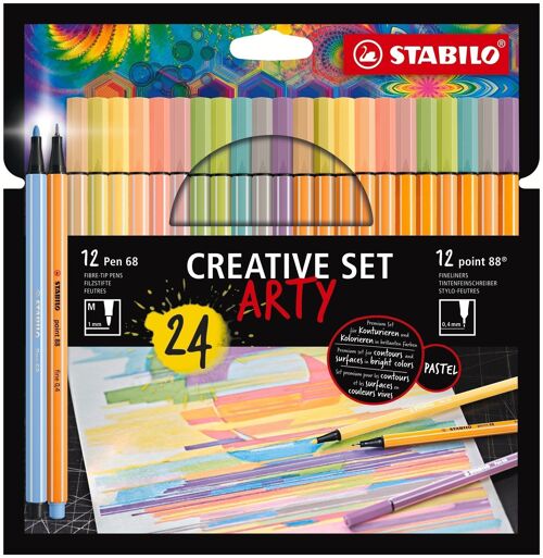 Set créatif STABILO ARTY x 24 pièces : 12 STABILO Pen 68 + 12 STABILO point 88