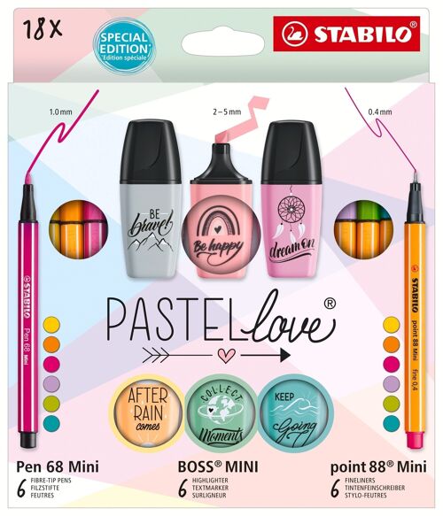 Coffret STABILO Pastellove x 18 pièces : 6 Pen 68 Mini + 6 point 88 Mini + 6 BOSS MINI Pastellove 2.0