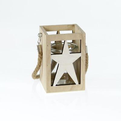 Farol de madera estrella con asa, 10 x 10 x 15 cm, natural/blanco, 786297