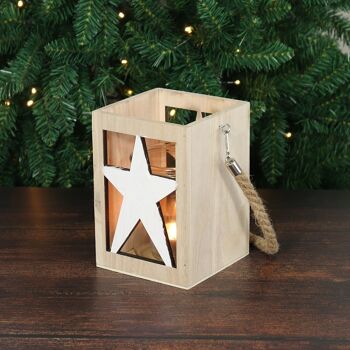 Lanterne étoile en bois avec anse, 12,5 x 12,5x18cm, naturel/blanc, 786303 2